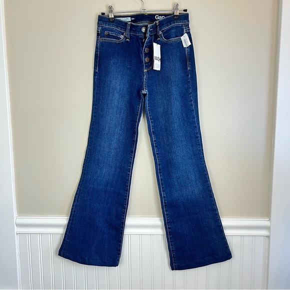 NWT Gap Authentic Flare Leg High Rise Blue Jeans Size 24R Dark Indigo - Picture 1 of 13